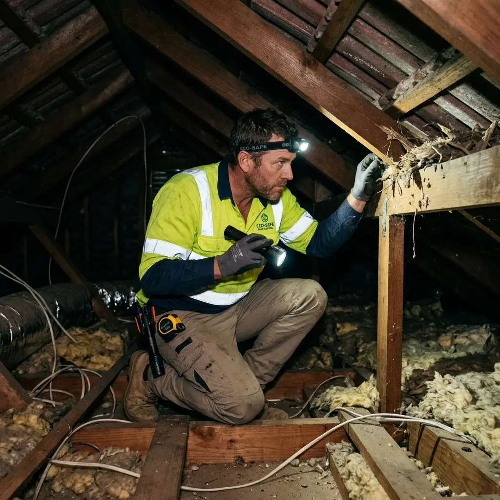 Technician inspecting a roof cavity for a dead animal in Maddingley