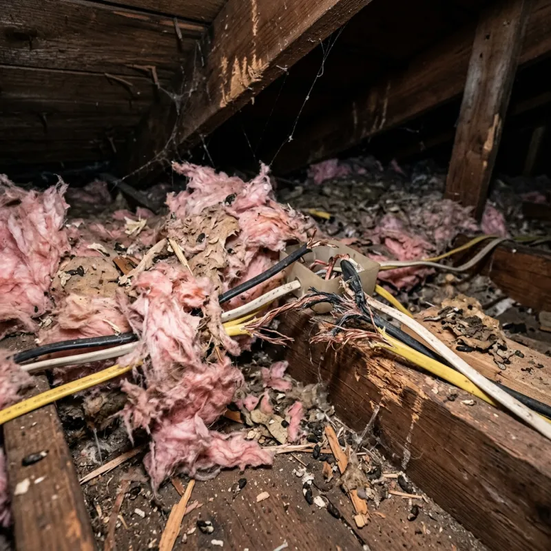 Contaminated ceiling insulation being assessed in a Maddingley roof space