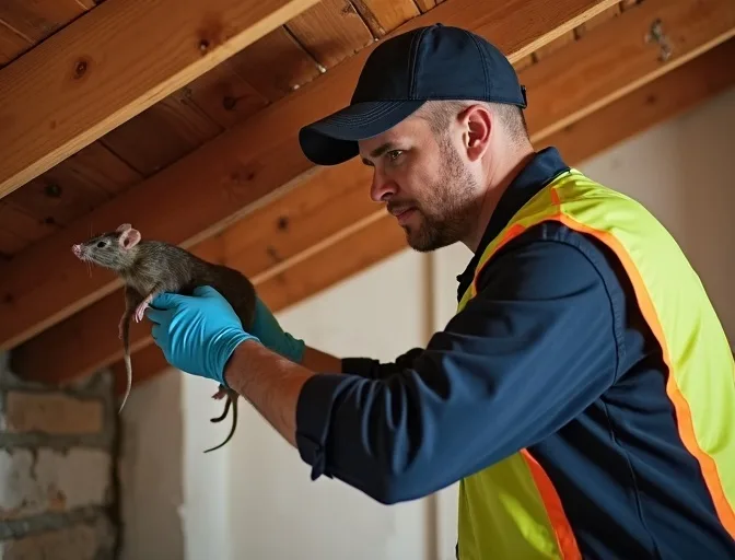 Technician inspecting a roof cavity for a dead rat in Maddingley